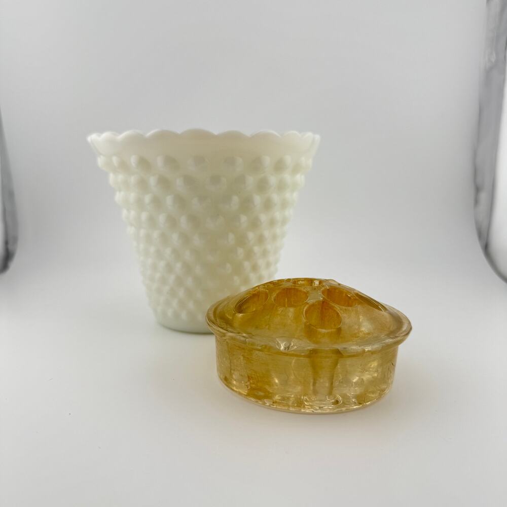 Hobnail Milk Glass Vase (4 inches) with Glass Flower Frog